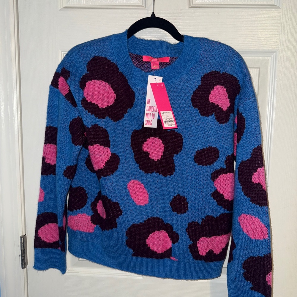 Lilly Pulitzer Blue Sweater with Pink and Purple Floral Design